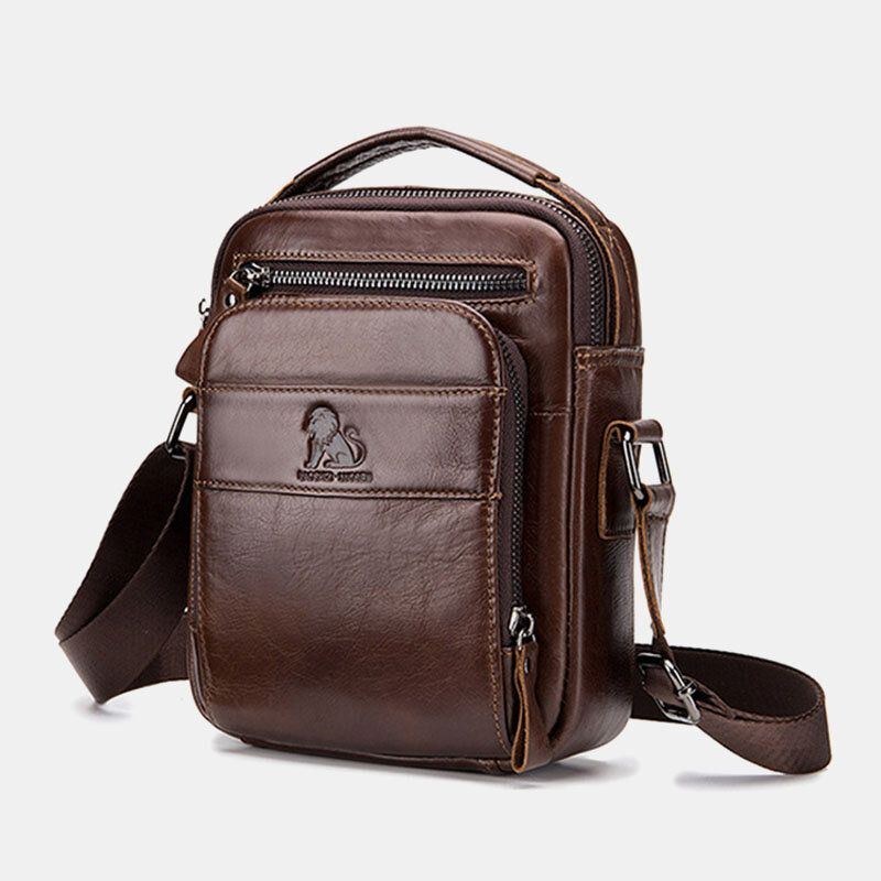 Herr Äkta Läder Retro Business Casual Enfärgat Läder Kohud Axelväska Crossbody-väska