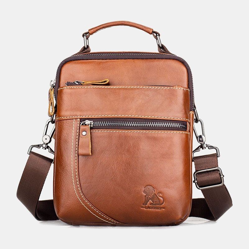 Herr Äkta Läder Retro Business Casual Enfärgat Läder Kohud Axelväska Crossbody-väska