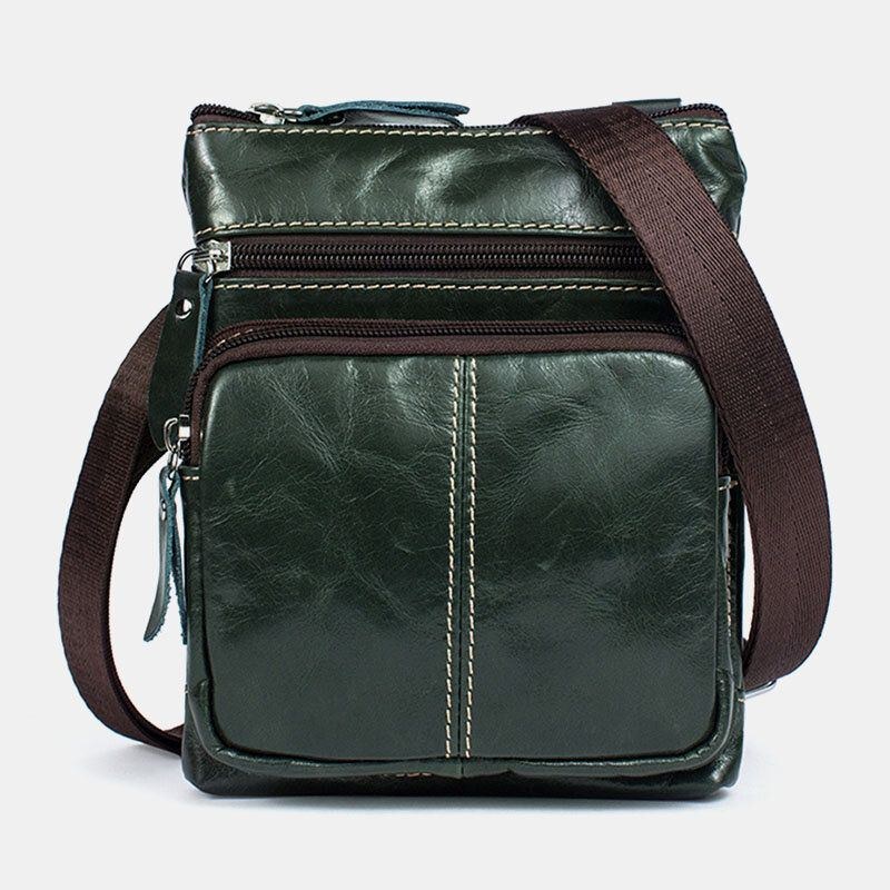 Herr Äkta Läder Retro Business Enfärgad Läder Dragkedja Crossbody Bag Axelväska