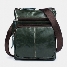 Herr Äkta Läder Retro Business Enfärgad Läder Dragkedja Crossbody Bag Axelväska