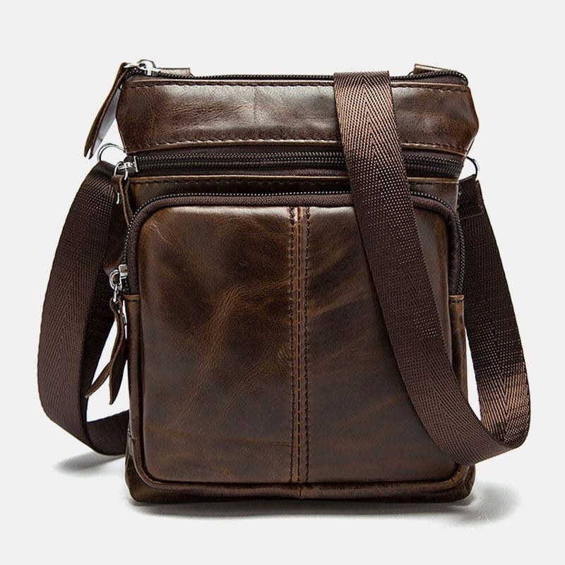 Herr Äkta Läder Retro Business Enfärgad Läder Dragkedja Crossbody Bag Axelväska