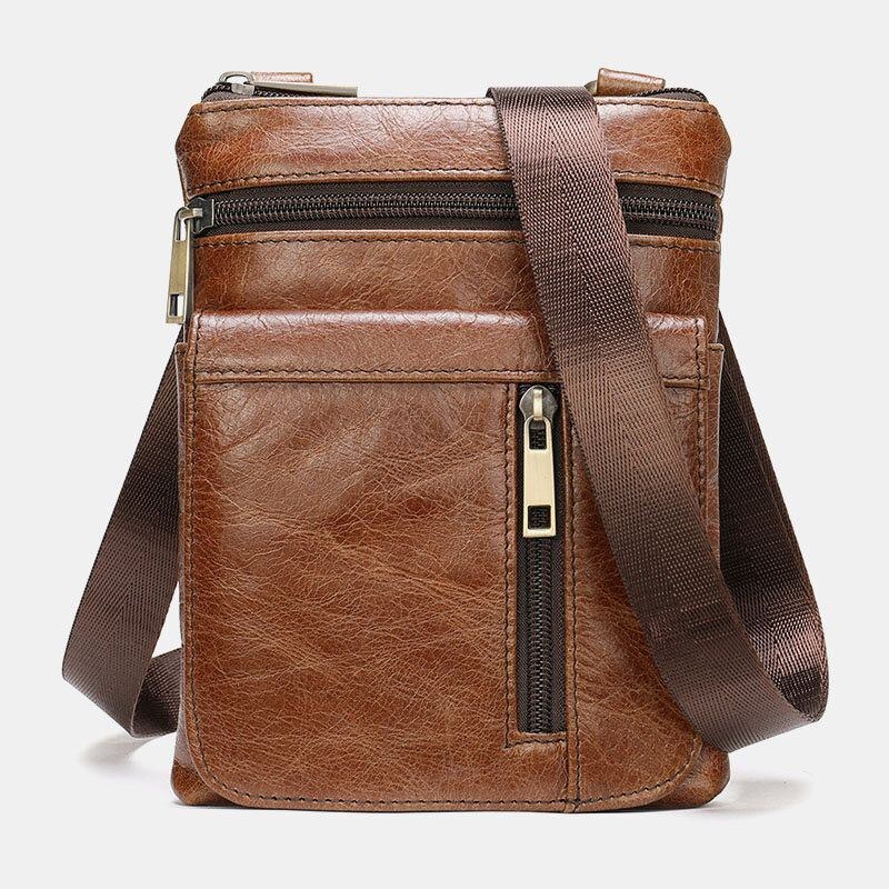 Herr Äkta Läder Retro Business Enfärgad Läder Dragkedja Crossbody Bag Axelväska