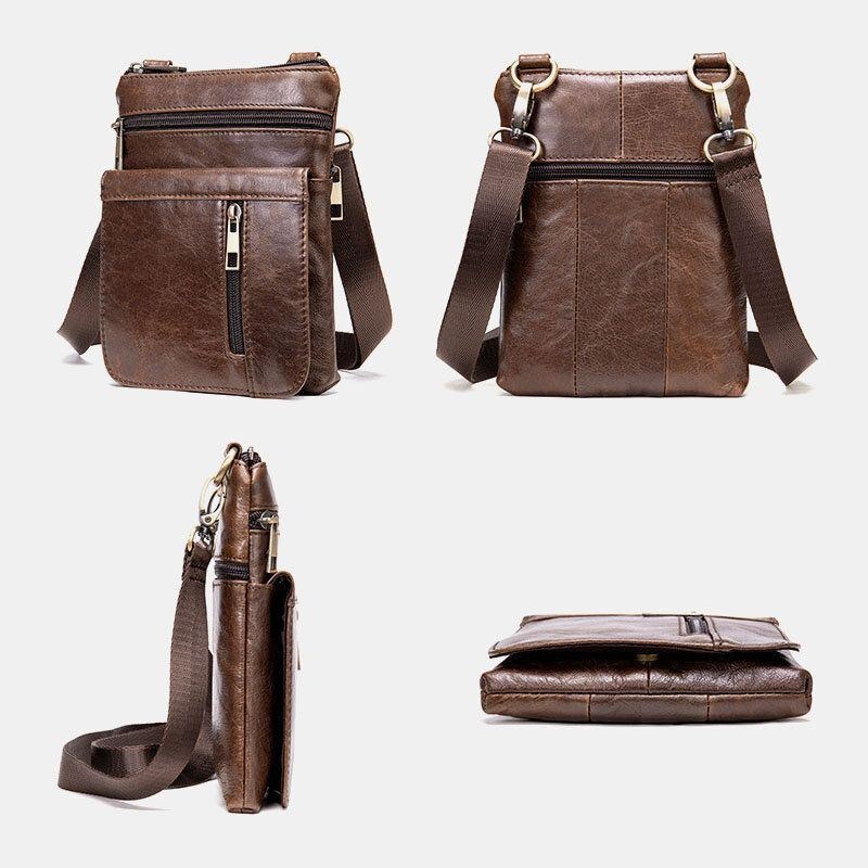 Herr Äkta Läder Retro Business Enfärgad Läder Dragkedja Crossbody Bag Axelväska