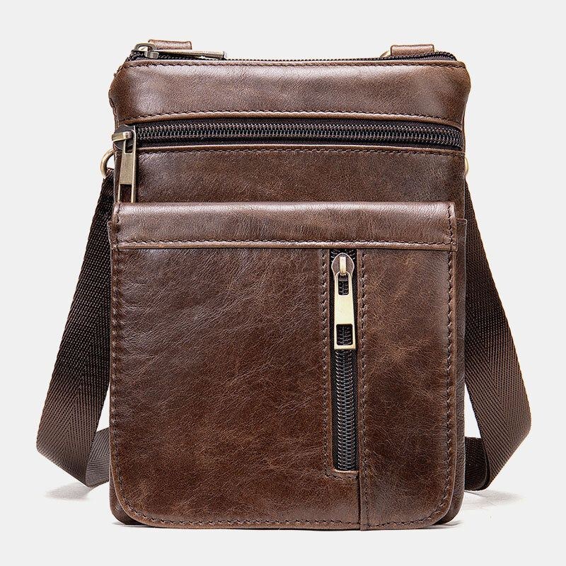 Herr Äkta Läder Retro Business Enfärgad Läder Dragkedja Crossbody Bag Axelväska