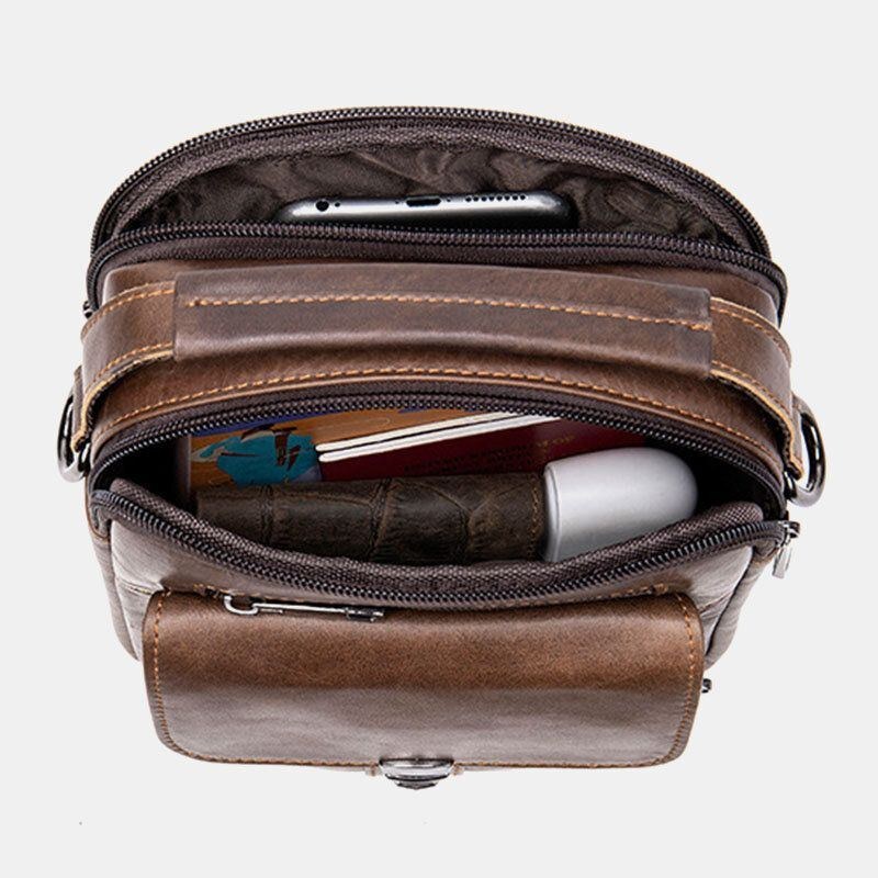 Herr Äkta Läder Rygg Stöldskyddsficka Crossbody-väskor Retro Multi-ficks Slittålig Messenger Bag Axelväska