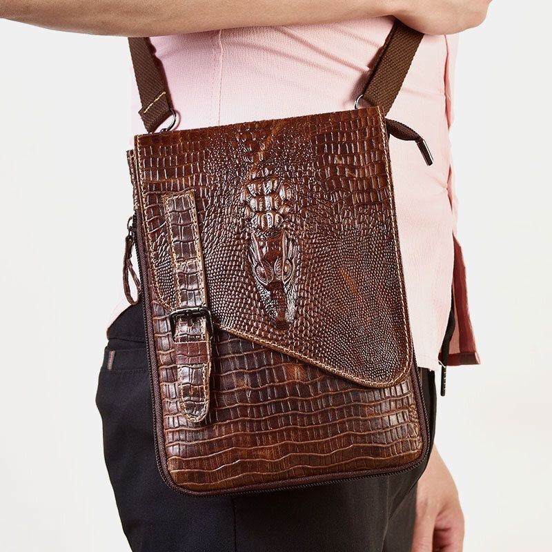 Herr Äkta Läder Slitstark Crocodile Texture Casual Crossbody Bag Axelväska