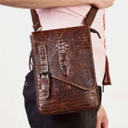 Herr Äkta Läder Slitstark Crocodile Texture Casual Crossbody Bag Axelväska