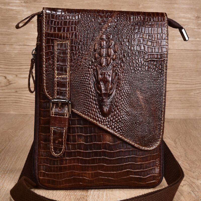 Herr Äkta Läder Slitstark Crocodile Texture Casual Crossbody Bag Axelväska