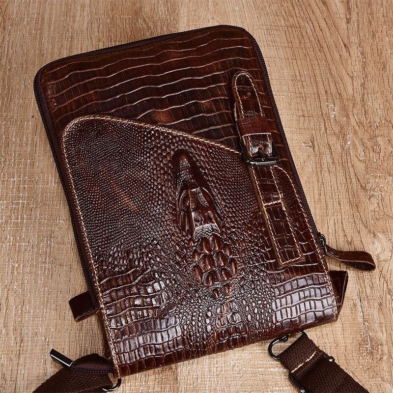 Herr Äkta Läder Slitstark Crocodile Texture Casual Crossbody Bag Axelväska