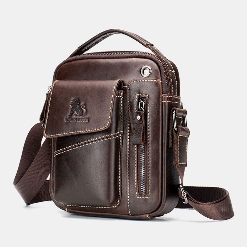 Herr Äkta Läder Slitstarkt Hörlurshål Multi-pocket Vintage Crossbody Bag Axelväska