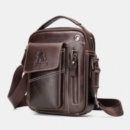 Herr Äkta Läder Slitstarkt Hörlurshål Multi-pocket Vintage Crossbody Bag Axelväska