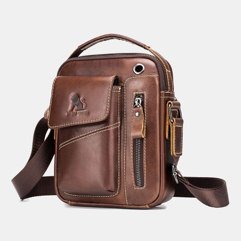 Herr Äkta Läder Slitstarkt Hörlurshål Multi-pocket Vintage Crossbody Bag Axelväska