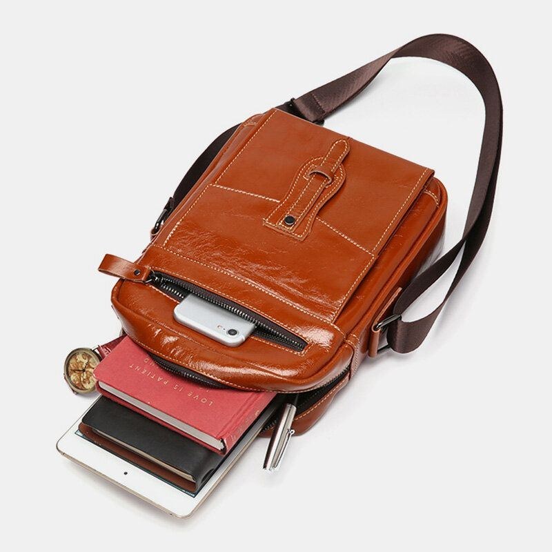 Herr Äkta Läder Stor Kapacitet Vintage Business Crossbody Bag Axelväska