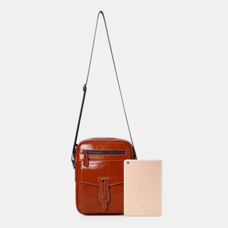 Herr Äkta Läder Stor Kapacitet Vintage Business Crossbody Bag Axelväska