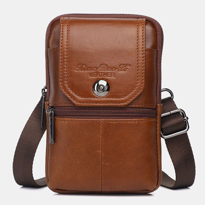 Herr Äkta Läder Vintage Multi-card Slot 6.5 Tums Mini Telefonväska Crossbody Väska Midjeväska Kohudsväska