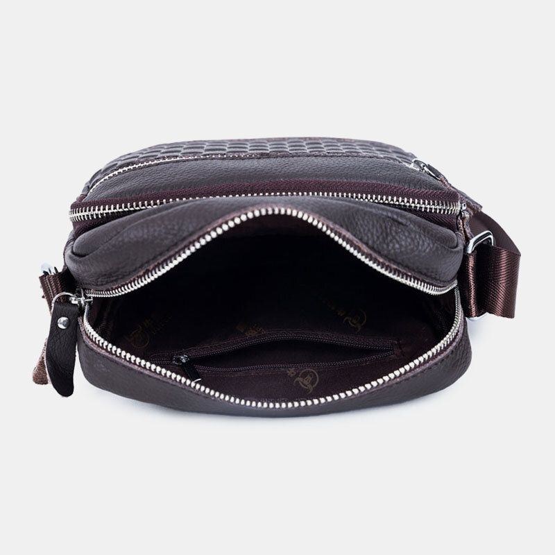 Herr Äkta Läder Weave Vattentät Multifunktion Multi-lager Crossbody Bag Axelväska