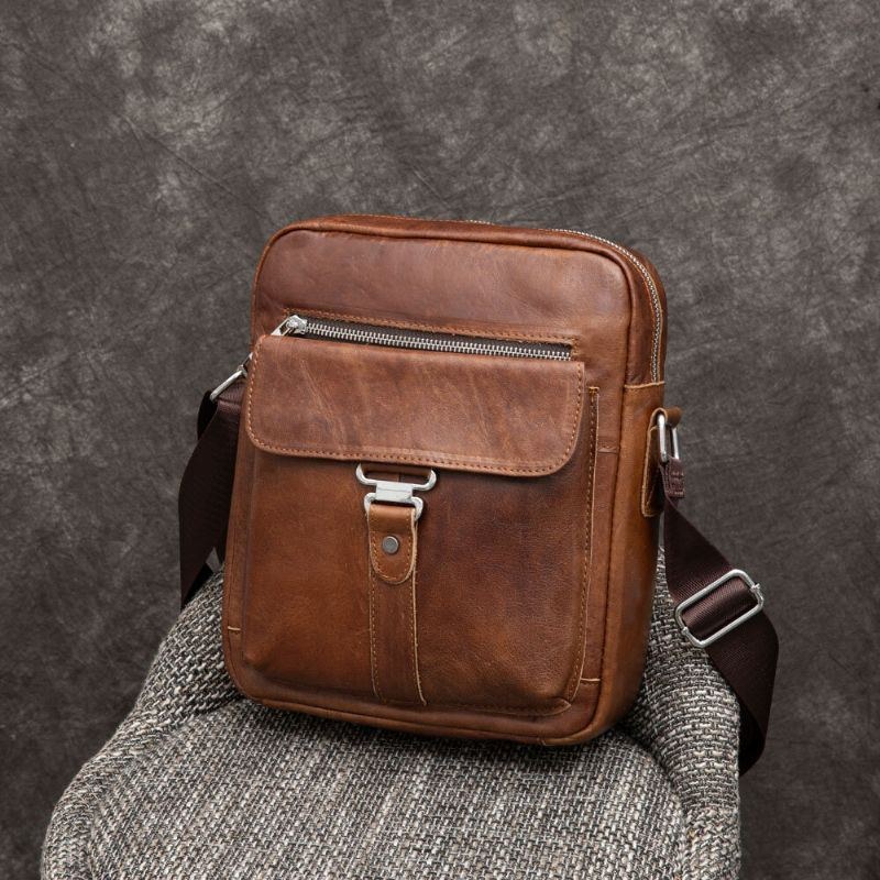 Herr Business Retro Äkta Läder Vattentät Slitstark Crossbody-väska