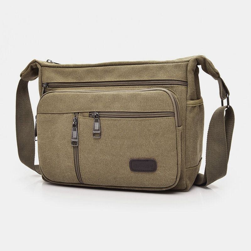 Herr Canvas Flerlager Stor Kapacitet Casual Enfärgad Crossbody-väska Axelväska