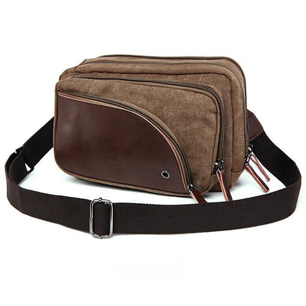 Herr Canvas Med Läder Retro Andningsbar Bröstväska Crossbody-väska Casual Reseaxelväska