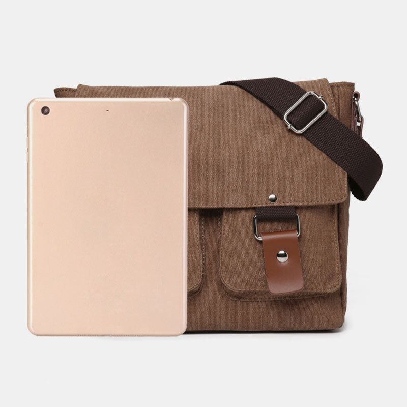 Herr Dubbel Framficka Crossbody-väska Med Stor Kapacitet Retro Canvas Horisontell Enfärgad Stöldskyddsaxelväska