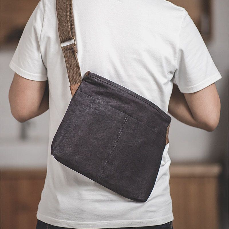 Herr Enkel Oil Wax Canvas Messenger Bag Vattentät Förstärkt Polyester Webbing Crossbody Bag Axelväska