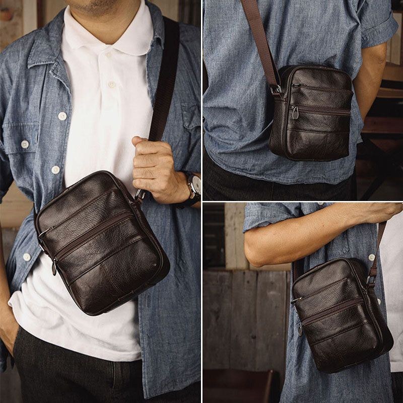 Herr Multi-pocket Anti-stöld First Layer Cowhide Crossbody Väskor Retro Stor Kapacitet Lätt 6.5 Tums Phne Bag Messenger Bag Handväska