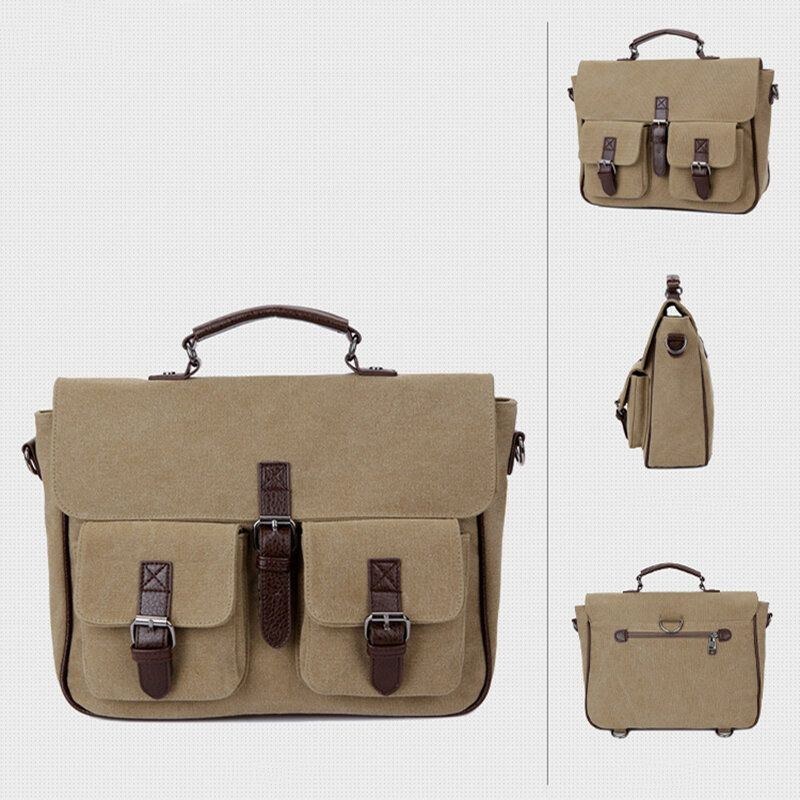 Herr Pu Läder Canvas Stor Kapacitet 14 Inch Multifunktions Portfölj Crossbody Väskor Handväska Ryggsäck