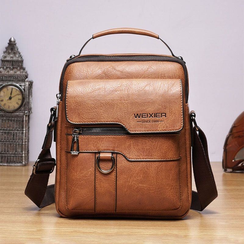 Herr Pu Läder Retro Business Stor Kapacitet Flerfickor Enfärgad Axelväska Crossbody-väska