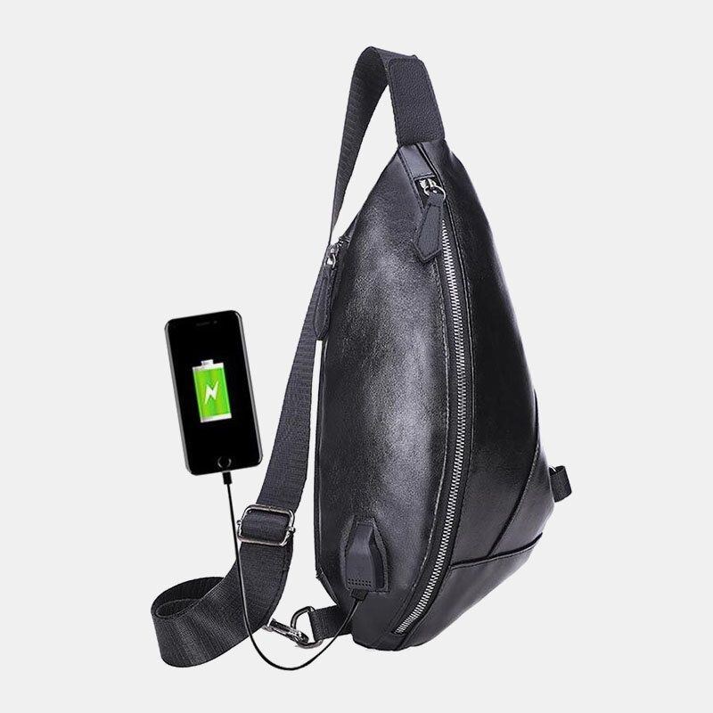 Herr Pu Läder Usb Laddning Vattentät Casual Crossbody Bag Bröstväska Sling Bag