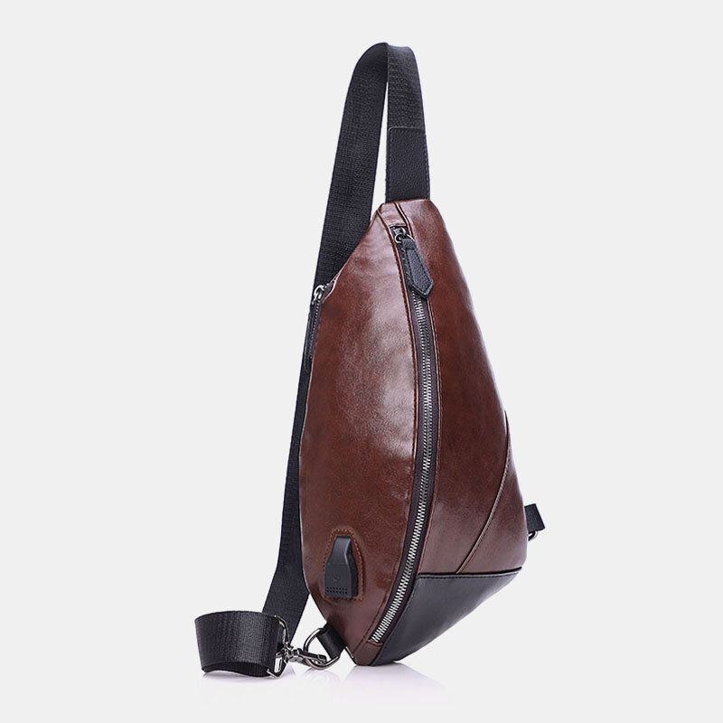 Herr Pu Läder Usb Laddning Vattentät Casual Crossbody Bag Bröstväska Sling Bag