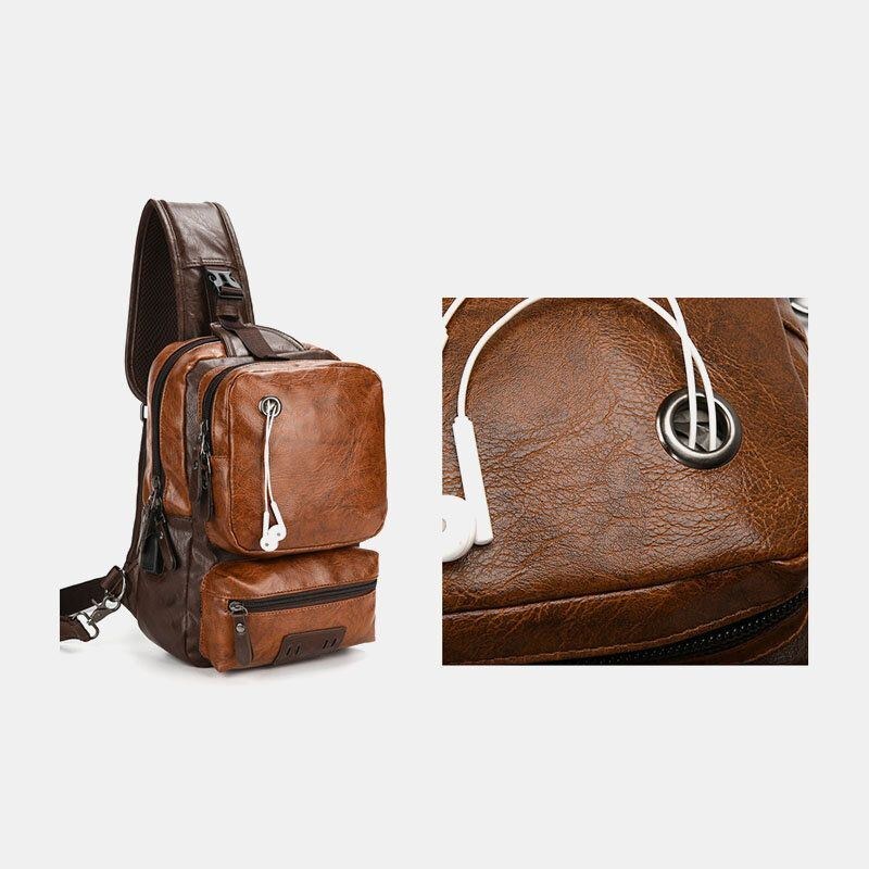 Herr Pu Läder Vintage Multifunktion Hörlurar Hål Usb Laddning Crossbody Bag Bröstväska Sling Bag