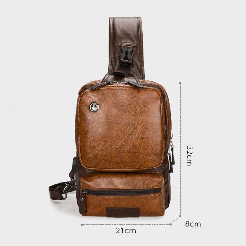 Herr Pu Läder Vintage Multifunktion Hörlurar Hål Usb Laddning Crossbody Bag Bröstväska Sling Bag