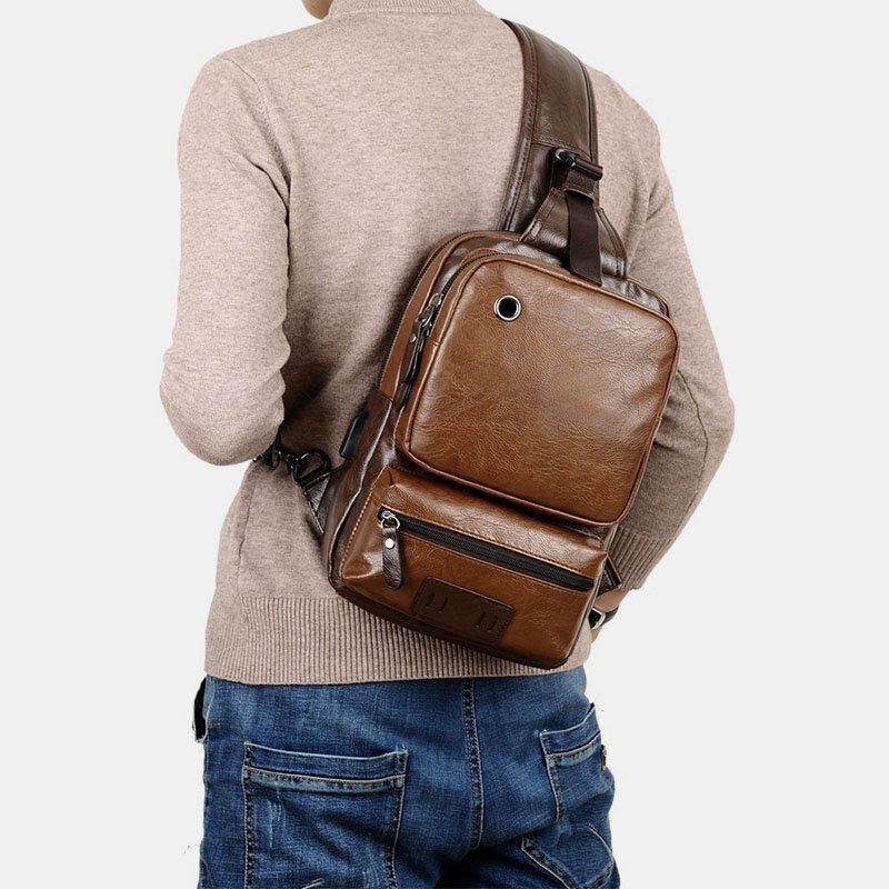 Herr Pu Läder Vintage Multifunktion Hörlurar Hål Usb Laddning Crossbody Bag Bröstväska Sling Bag