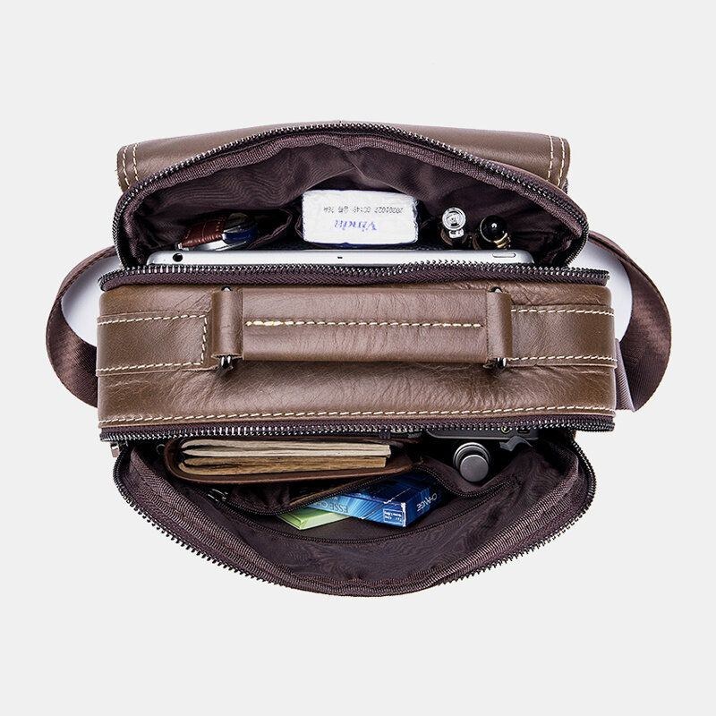 Herr Vintage Äkta Läder Enfärgad Slitbeständig Vattentät Crossbody-väska Axelväska