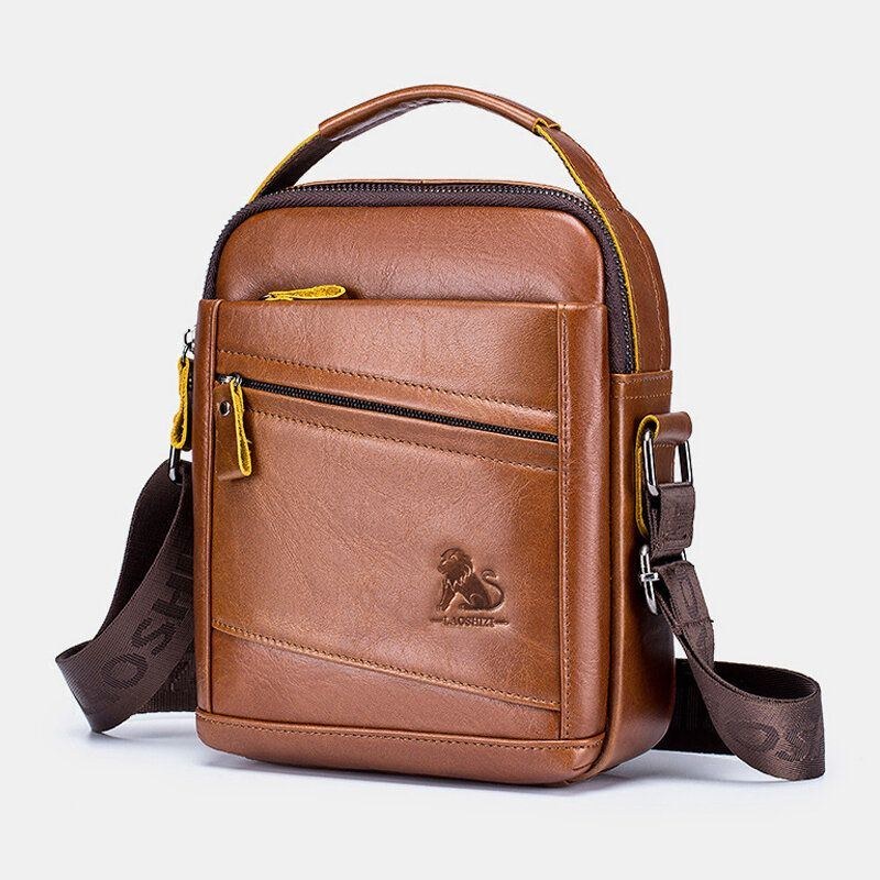 Herr Vintage Äkta Läder Multifunktion Slitstark Crossbody-väska Casual Axelväska