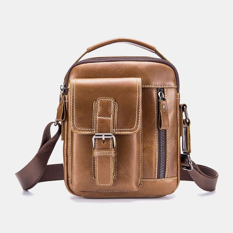 Herr Vintage Äkta Läder Slittålig Multifunktions Crossbody-väska Casual Axelväska