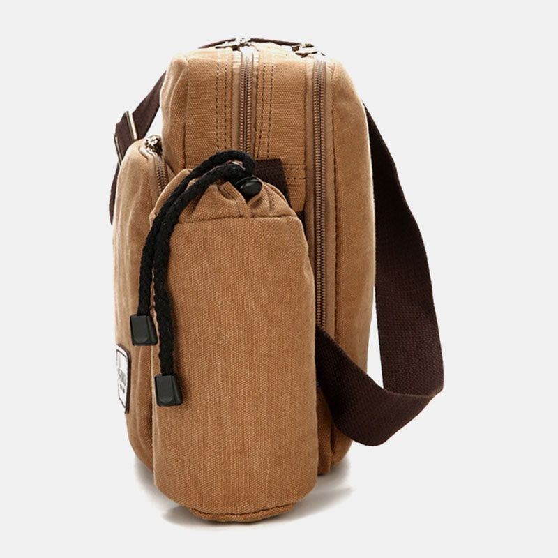 Herr Vintage Canvas Stor Kapacitet Multifunktion Vattenflaska Fick Crossbody Bag Casual Axelväska