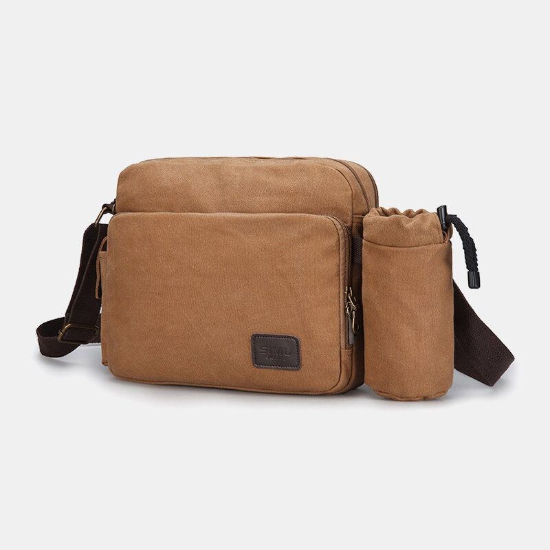 Herr Vintage Canvas Stor Kapacitet Multifunktion Vattenflaska Fick Crossbody Bag Casual Axelväska