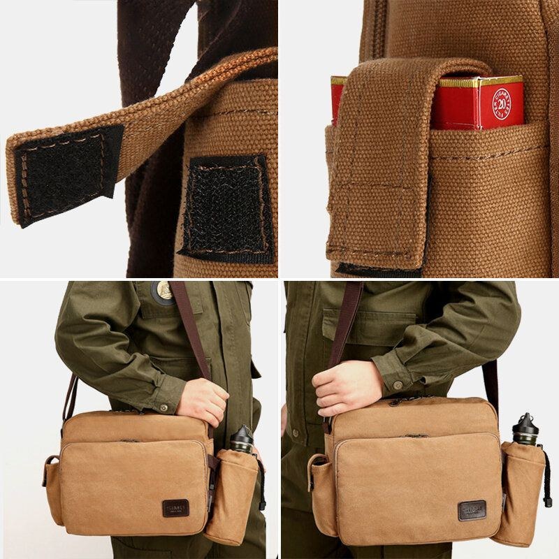 Herr Vintage Canvas Stor Kapacitet Multifunktion Vattenflaska Fick Crossbody Bag Casual Axelväska