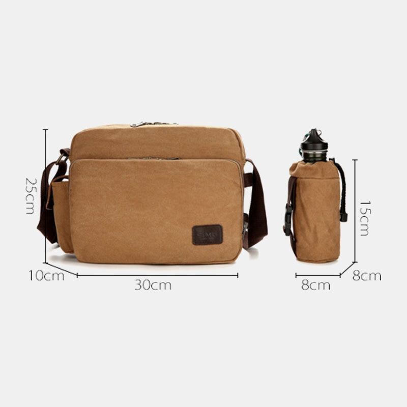 Herr Vintage Canvas Stor Kapacitet Multifunktion Vattenflaska Fick Crossbody Bag Casual Axelväska