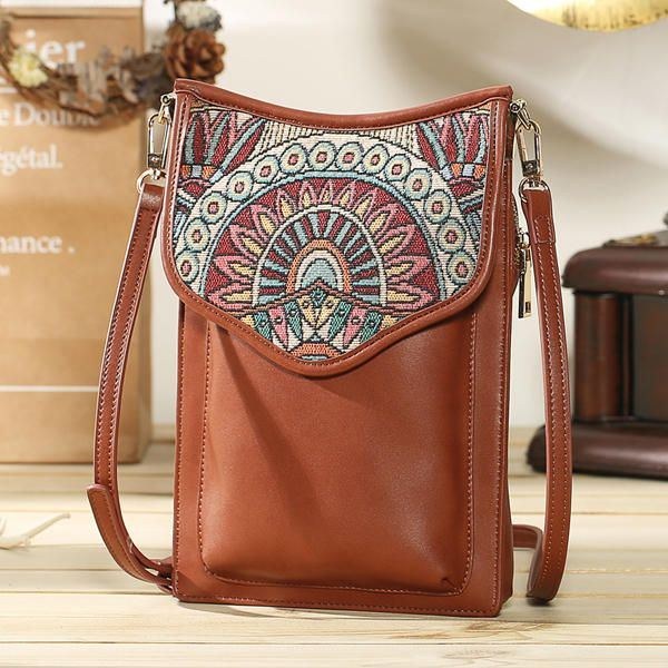 Bohemisk Stil Retro Canvas Blommönster Kvinnor Telefonväska Axelväska Crossbody Väska