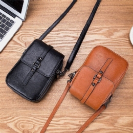 Dam Äkta Läder Casual Retro Flerlagers Hörlurshål 6.5 Tums Telefonväska Crossbody-väska