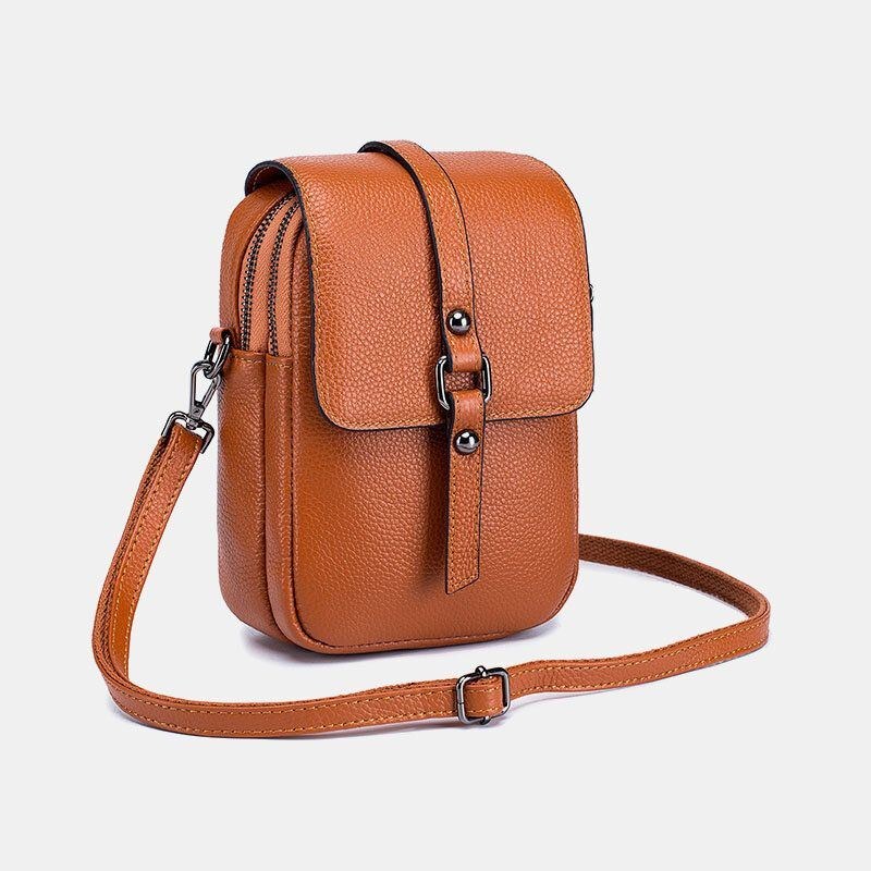 Dam Äkta Läder Casual Retro Flerlagers Hörlurshål 6.5 Tums Telefonväska Crossbody-väska