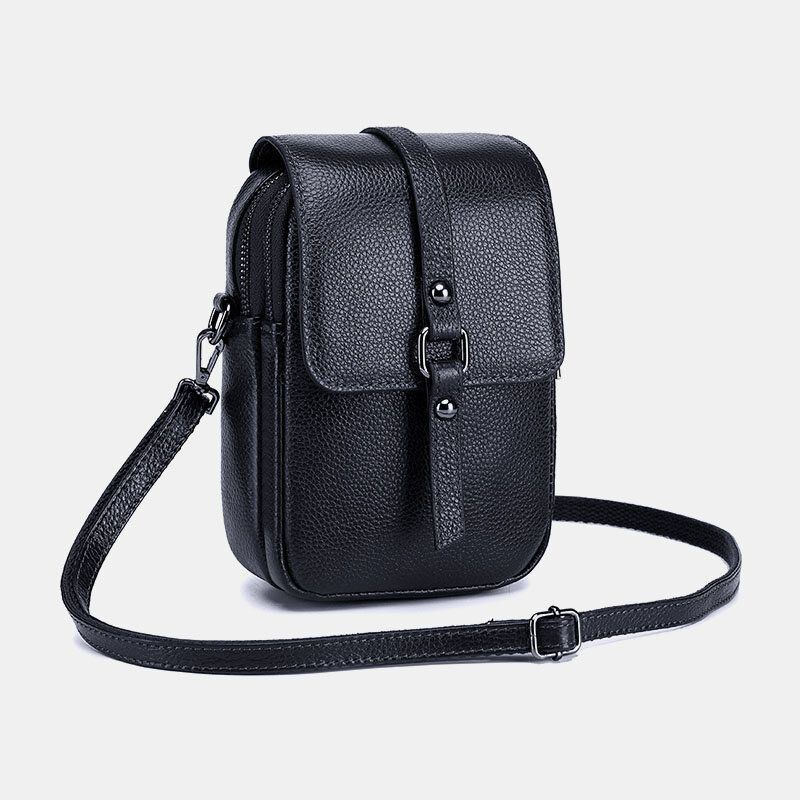 Dam Äkta Läder Casual Retro Flerlagers Hörlurshål 6.5 Tums Telefonväska Crossbody-väska