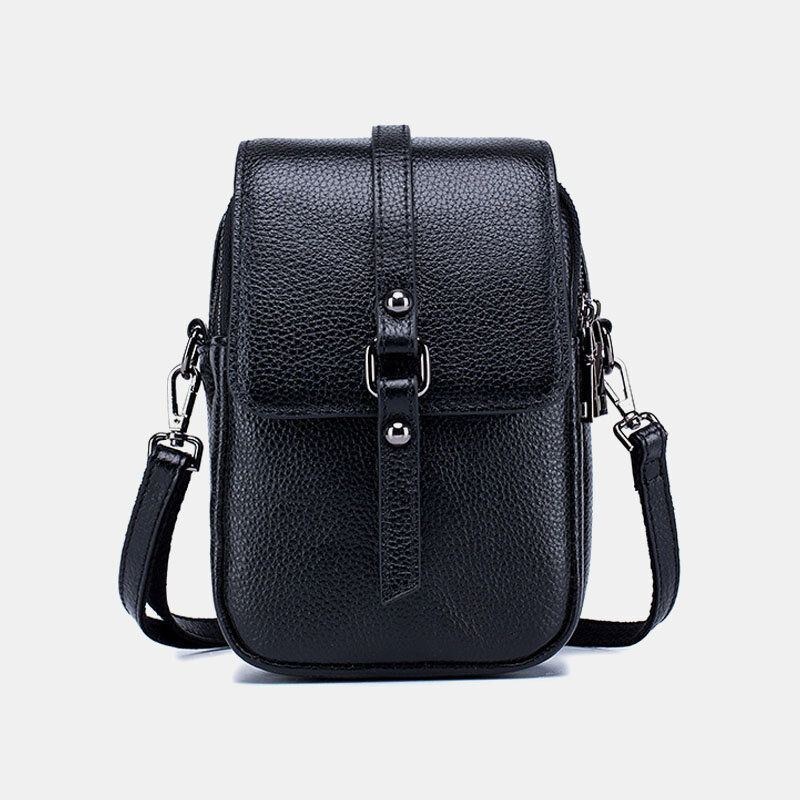 Dam Äkta Läder Casual Retro Flerlagers Hörlurshål 6.5 Tums Telefonväska Crossbody-väska