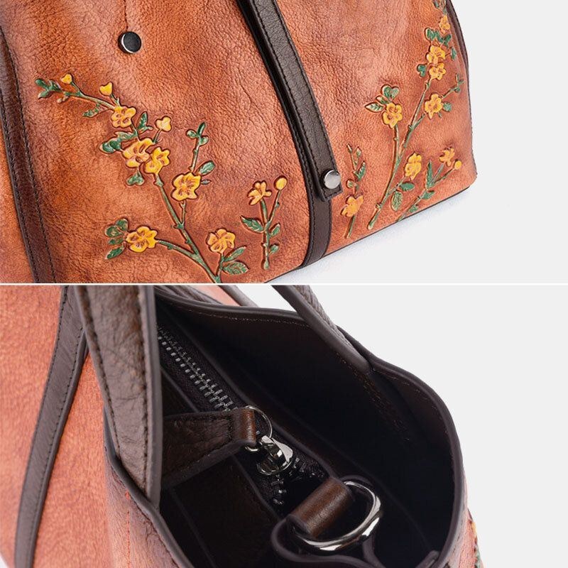 Dam Blommönster Präglade Vegetabiliskt Garvat Läder Crossbody-väskor Retro Stor Kapacitet Axelväska I Äkta Läder Handväska