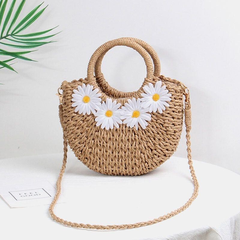 Dam Daisy Travel Summer Beach Straw Handväska Crossbody Bag Axelväska