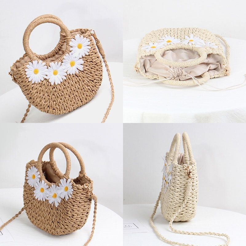 Dam Daisy Travel Summer Beach Straw Handväska Crossbody Bag Axelväska