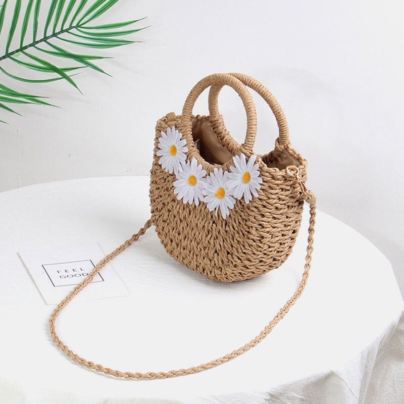 Dam Daisy Travel Summer Beach Straw Handväska Crossbody Bag Axelväska