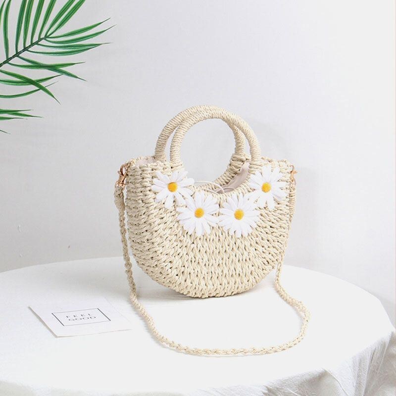 Dam Daisy Travel Summer Beach Straw Handväska Crossbody Bag Axelväska